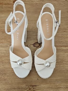 Gianni Bini White Pearl-Embellished Block Heel Sandals
